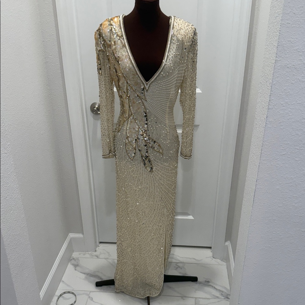 Elegant Cream and Gold Sequin Dress vintage beaded unknown brand no size tag sma